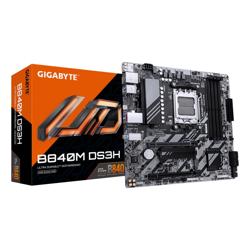 GIGABYTE B840M DS3H Placa base - Procesadores AMD Ryzen 9000, VRM de 8+2+2 fases, hasta 8200 MHz DDR5, 2xPCIe 4.0 M.2, LAN