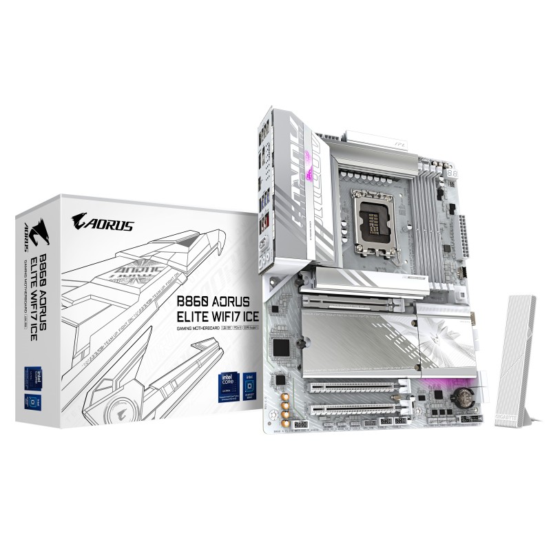 GIGABYTE B860 AORUS ELITE WIFI7 ICE Mainboard - Intel Core Ultra CPUs, 14+1+2+1 Phasen VRM, bis zu 9200MHz DDR5, 1xPCIe 5.0 +