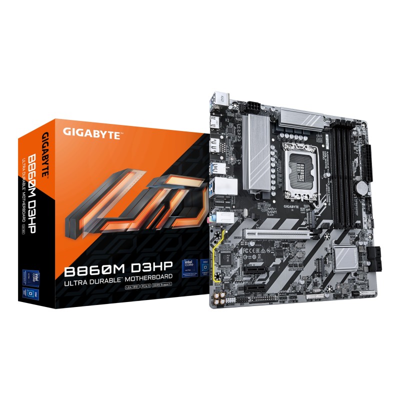 GIGABYTE B860M D3HP Placa base - CPUs Intel Core Ultra, VRM de 4+1+2+1 fases, hasta 9066MHz DDR5, 2xPCIe 4.0 M.2, LAN GbE, USB