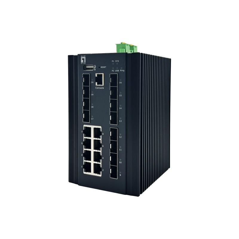 LevelOne 20-Port L2+ Managed Gigabit Industrieswitch, 8x 1GbE RJ45, 8x 1GbE SFP, 4x 1 2.5GbE SFP, DIN-Schiene, -40°C bis 80°C