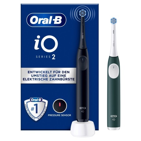 Oral-B iO 2 Spazzolino Elettrico Oral B, Nero e Verde, 1 Testina Di Ricambio, 2 Spazzolini, Delicato sulle Gengive, Efficace