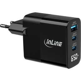 InLine Alimentatore USB PD, caricatore GaN, 3 porte, USB-C + USB-A, 65W, display