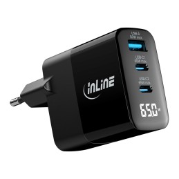 InLine Alimentatore USB PD, caricatore GaN, 3 porte, USB-C + USB-A, 65W, display