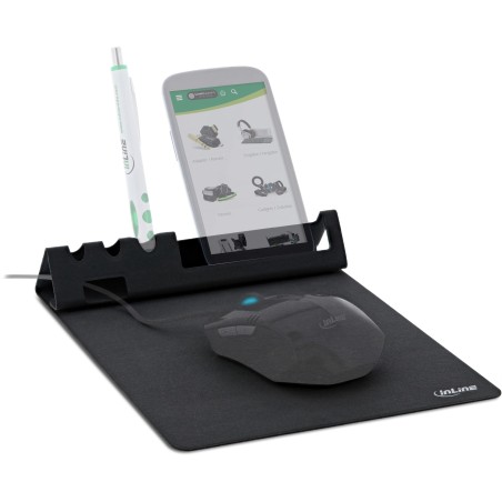 InLine Tappetino per mouse con supporto smartphone e portapenne, nero