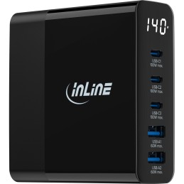 InLine USB PD Netzteil, GaN Ladegerät, 5-Port, USB-C + USB-A, 140W, mit Display