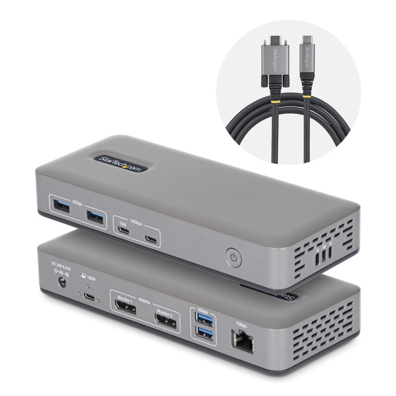 StarTech.com Dual Monitor USB-C Dockingstation, Dual 4K 60Hz DisplayPort MST Dock, 100W Power Delivery Laptop-Ladung, 1GbE,