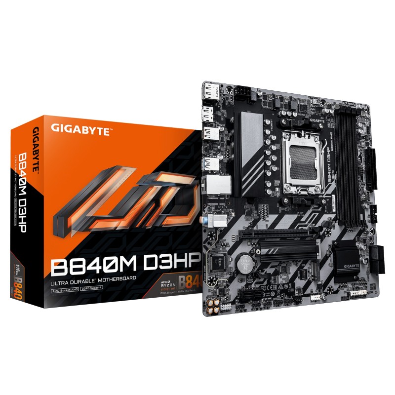 GIGABYTE B840M D3HP Scheda Madre – CPU AMD Ryzen 9000, VRM a 8+2+2 fasi, fino a 8200 MHz DDR5 (O.C.), 2× M.2 PCIe 4.0, LAN 1