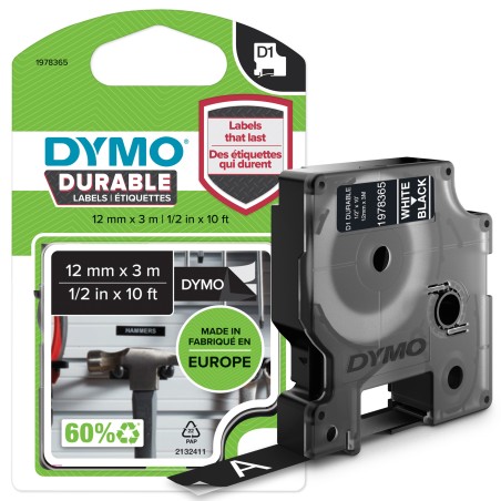 DYMO D1 Étiquettes résistantes | 12mm x 5,5m | impression en blanc sur fond noir | autocollantes étiquettes authentiques pour