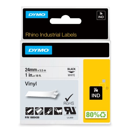 DYMO Rhino-Industrie-Vinyletiketten | 24 mm x 5,5 m | schwarzer Druck auf weißem Untergrund | selbstklebendes Schriftband