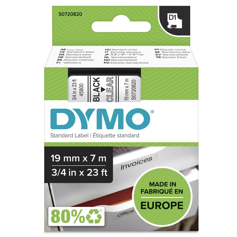 DYMO D1 etiquetas auténticas | impresión negra sobre fondo transparente | 19 mm × 7 m | etiquetas autoadhesivas para