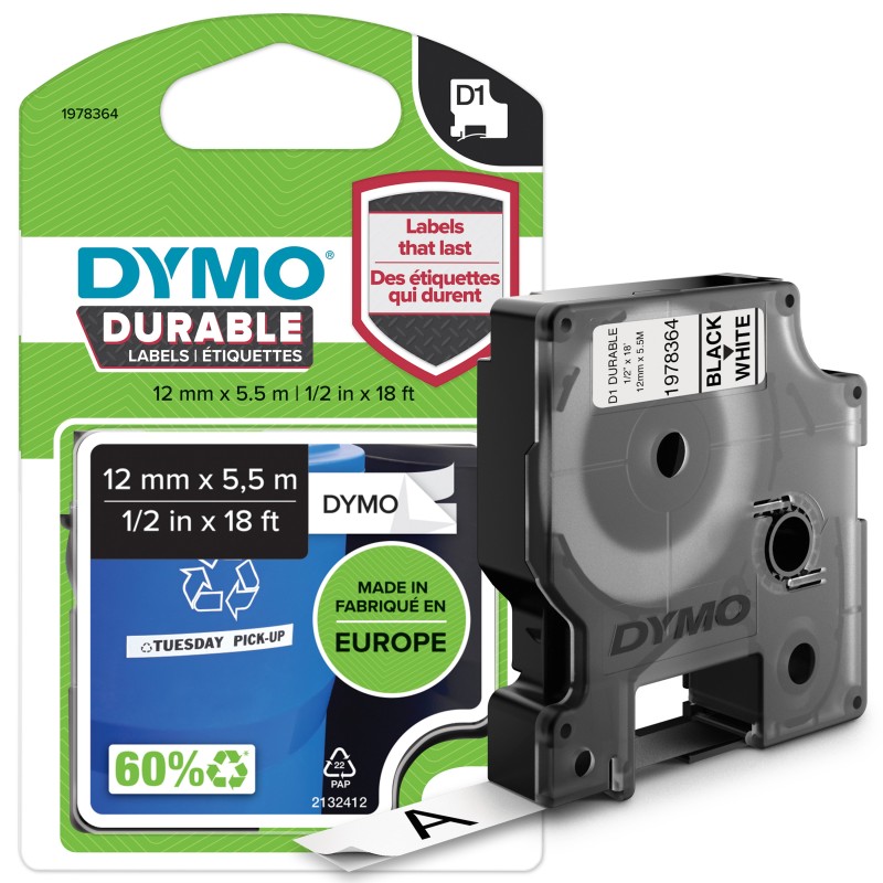 DYMO ® D1 Durable Labeling Tape for LabelManager Label Makers, Black Print on White Tape, 1 2" W x 18' L, 1 Cartridge