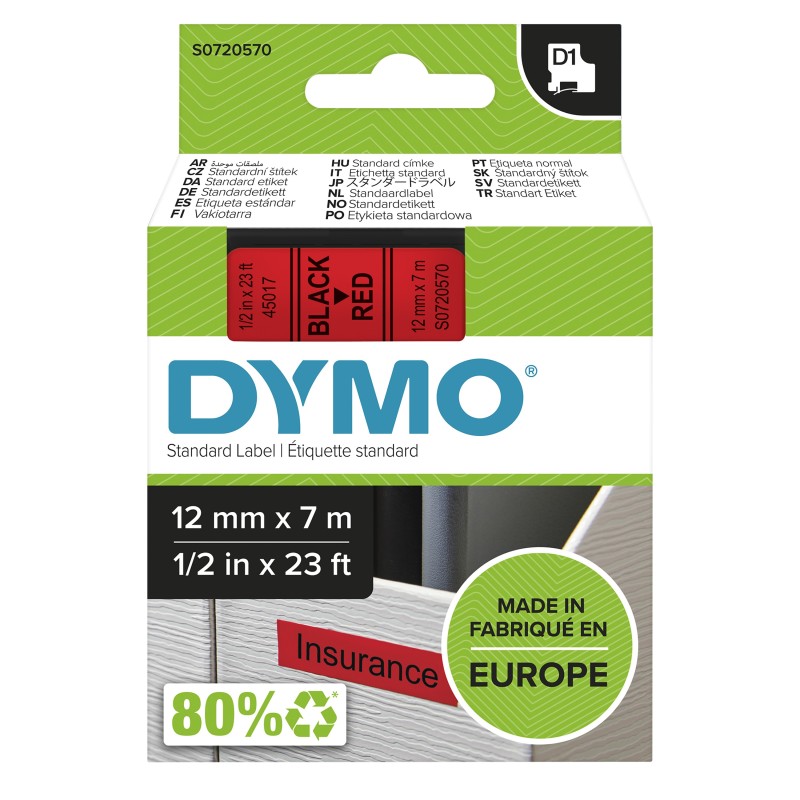 DYMO D1 étiquettes autocollantes authentiques | rouleau de 12 mm x 7 m | impression en noir sur fond rouge | pour étiqueteuses