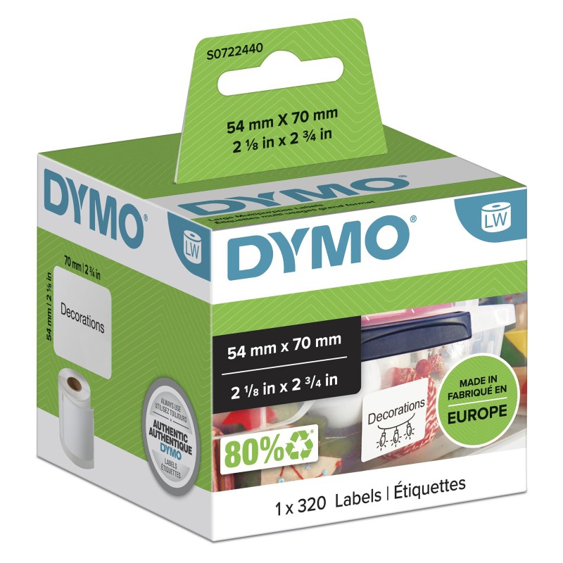 DYMO Original LabelWriter Mehrzwecketiketten | 54 mm x 70 mm | Rolle mit 320 leicht ablösbaren Etiketten | selbstklebend | für