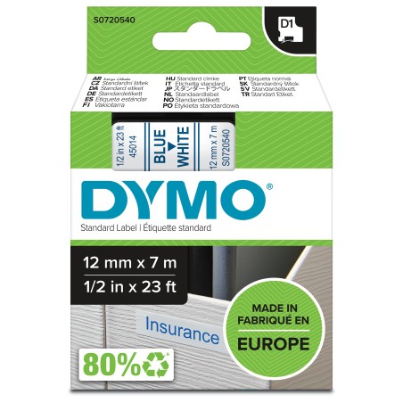 DYMO ® Authentic D1 Labels, Blue Print on White Tape, 12 mm x 7 m, Self-Adhesive Labels for LabelManager Label Makers, Made in