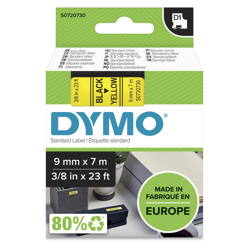 DYMO D1 étiquettes autocollantes authentiques | rouleau de 9 mm x 7 m | impression en noir sur fond jaune | autocollantes |