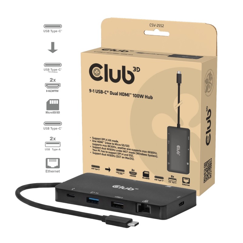 CLUB3D CSV-2552 interface hub USB Type-C 5000 Mbit s Black