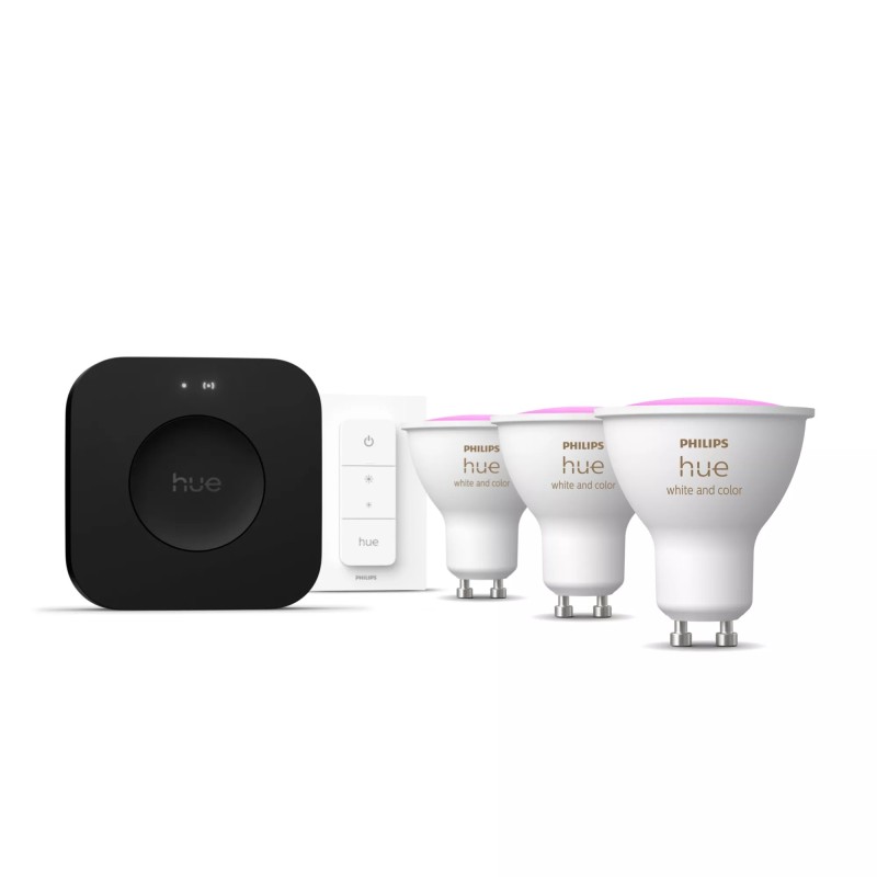 Philips Hue White and Color ambiance Kit de inicio  3 bombillas GU10 + regulador de intensidad + Hue Bridge Pro