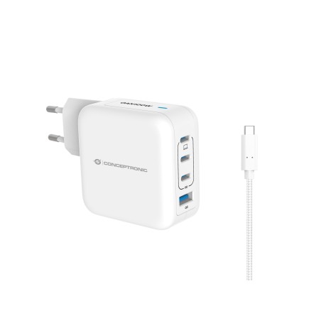 Conceptronic 4-Port 100W GaN USB-PD-Ladegerät mit USB-C-Ladekabel, USB-C x 3, USB-A x 1, QC 3.0, PPS