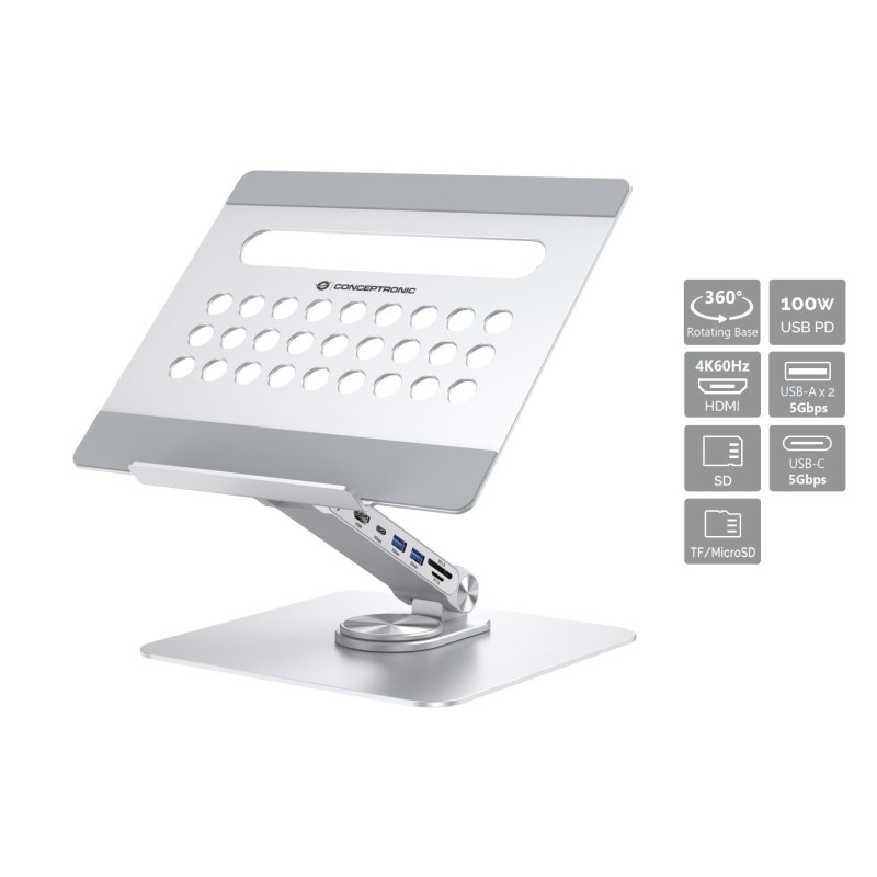 Conceptronic DONN27G Laptop-Ständer mit 7-in-1-Dockingstation, 360° drehbare Basis, faltbar, höhenverstellbar