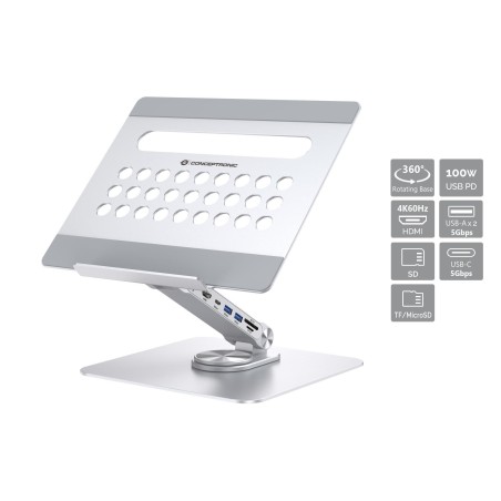 Conceptronic DONN27G Laptop-Ständer mit 7-in-1-Dockingstation, 360° drehbare Basis, faltbar, höhenverstellbar