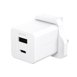 PanzerGlass empower™ by ® Turbo 35W Ladegarät inkl. USB-C + USB-A | UK Anschluss| Silber Weiss