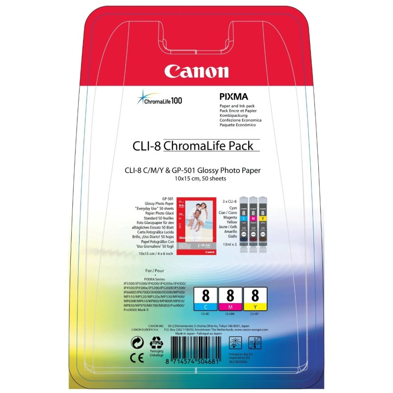 Canon CLI-8 Chromalife Pack Druckerpatrone 3 Stück(e) Original Cyan, Magenta, Gelb