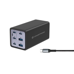 Conceptronic 6-Port 200W GaN USB-PD 3.1-Ladegerät mit USB-C-Ladekabel, USB-C x 4, USB-A x 2, QC 3.0, PD 3.1