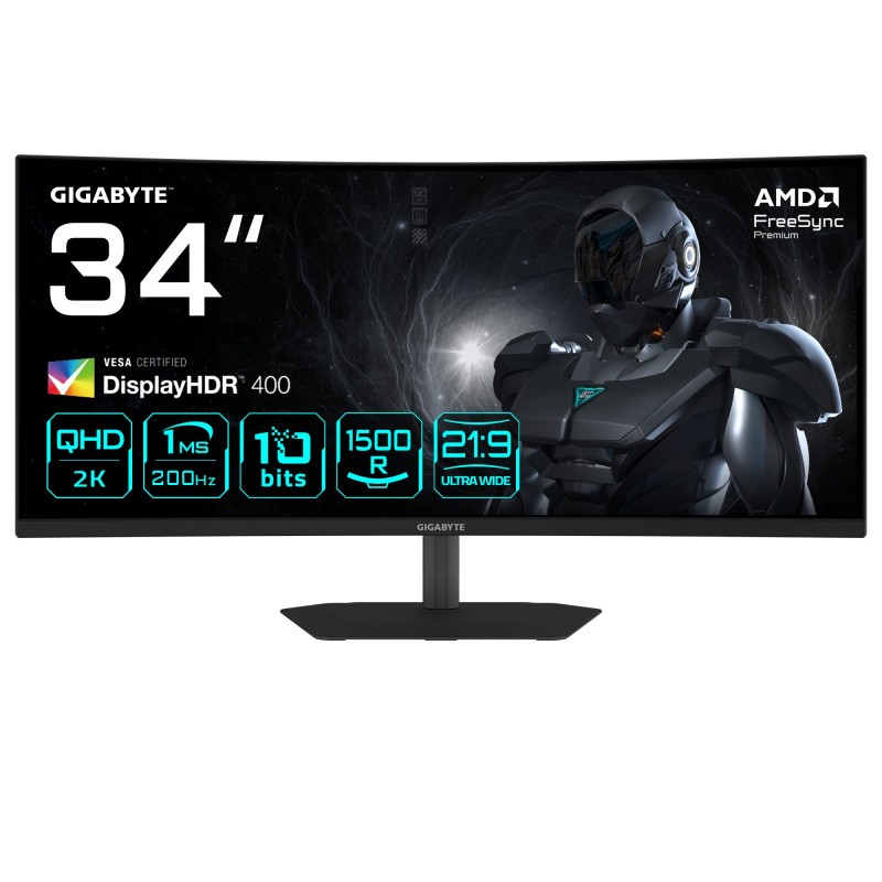 GIGABYTE G34WQC2 Monitor Gaming Curvo 34” WQHD - 3440 x 1440, 1500R, 200Hz, 1ms, 450 cd m², AMD FreeSync Premium, DisplayHDR