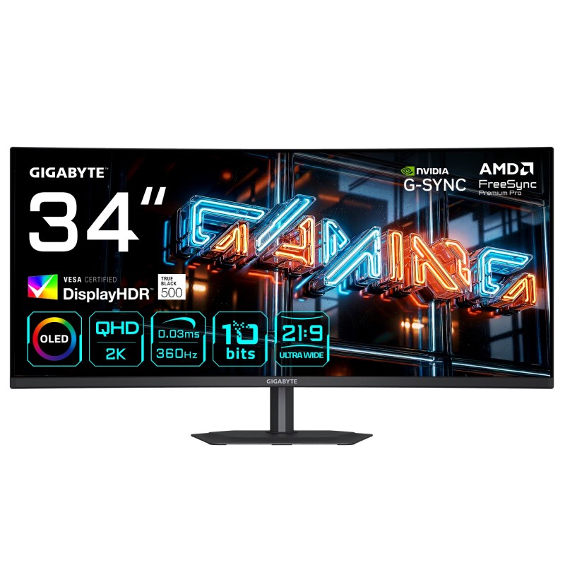 GIGABYTE MO34WQC36 Monitor Gaming Curvo 34” WQHD - 3440 x 1440, 360Hz, 0.03ms, KVM, 300 cd m², FreeSync Premium Pro, DisplayHDR