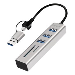 LogiLink USB 3.0 Hub, 4x USB-A, 5 Gbit s, 2-in-1 Anschlusskabel, Silber