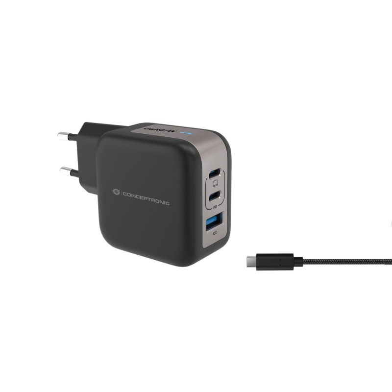 Conceptronic 3-Port 67W GaN USB-PD-Ladegerät mit USB-C-Ladekabel, USB-C x 2, USB-A x 1, QC 3.0, PPS