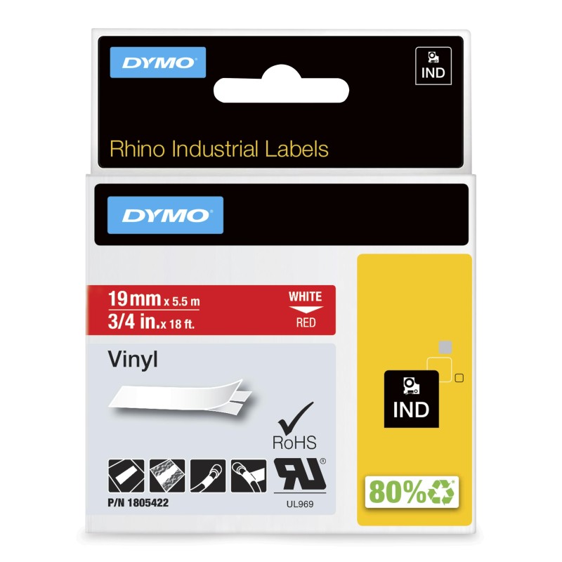 DYMO ® Rhino Industrial Vinyl Labels, 3 4", White Print on Red Tape