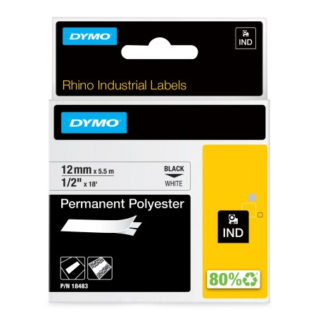 DYMO ® Rhino Industrial Permanent Polyester Labels, 1 2", Black Print on White Tape