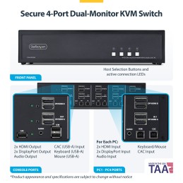 StarTech.com Switch KVM Sicuro a 4 porte per doppio monitor, HDMI o DisplayPort, 4K 60Hz, NIAP 4.0 Desktop KVM, Alloggiamento