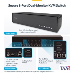 StarTech.com 8-Port Dual-Monitor Secure KVM Switch, DisplayPort, 4K 60Hz, NIAP 4.0 Zertifizierter Desktop KVM Umschalter für 8