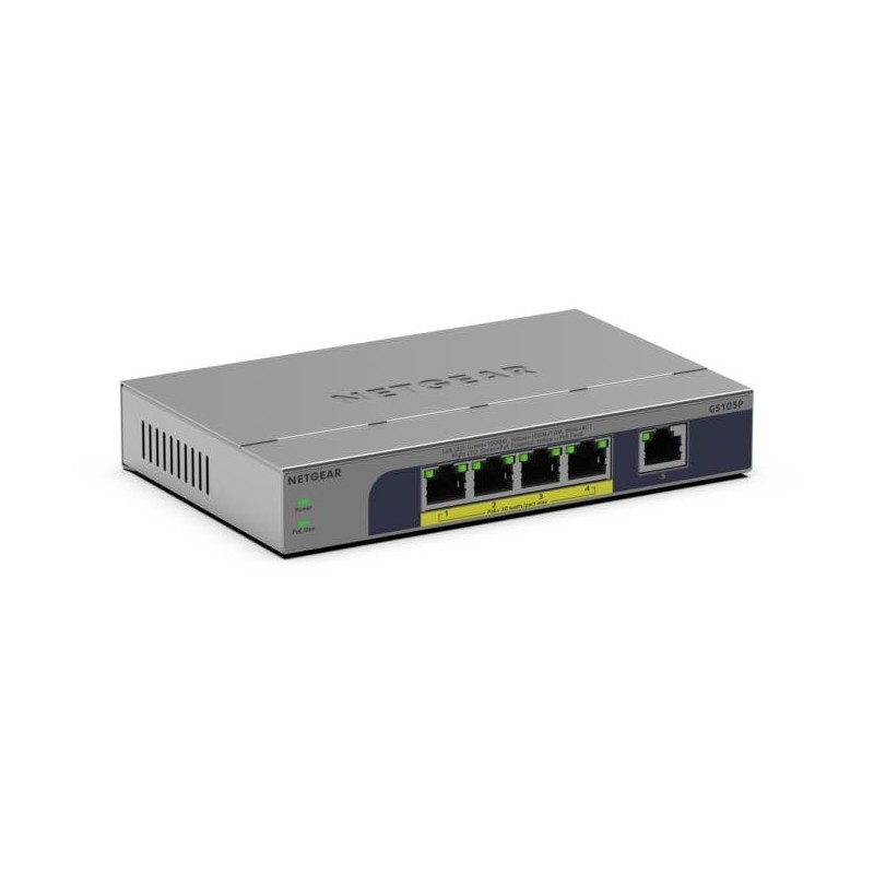 NETGEAR GS105P Unmanaged Gigabit Ethernet (10 100 1000) Power over Ethernet (PoE) Desktop Wall-Mounting Gray