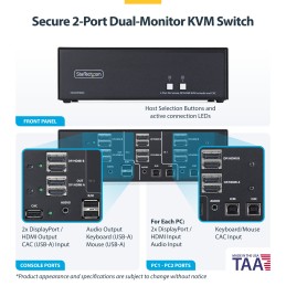 StarTech.com Switch KVM Sicuro a 2 porte per doppio monitor, HDMI o DisplayPort, 4K 60Hz, NIAP 4.0 Desktop KVM, Alloggiamento