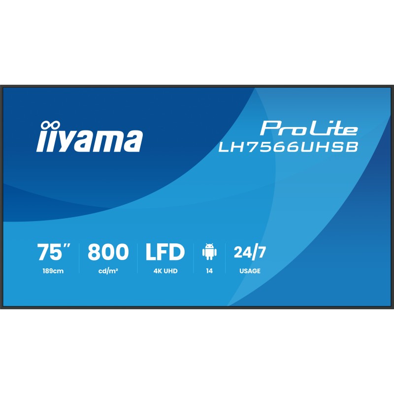 iiyama LH7566UHSB-B1AG pantalla de señalización Pantalla plana para señalización digital 190,5 cm (75") LCD Wifi 800 cd   m² 4K