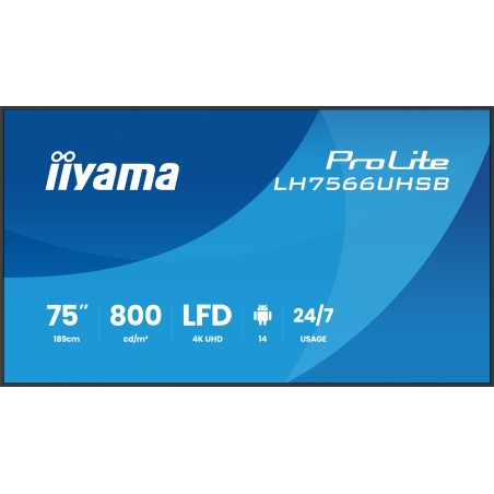 iiyama LH7566UHSB-B1AG signage display Digital signage flat panel 75" LCD Wi-Fi 800 cd m² 4K Ultra HD Black Built-in processor