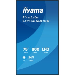 iiyama LH7566UHSB-B1AG pantalla de señalización Pantalla plana para señalización digital 190,5 cm (75") LCD Wifi 800 cd   m² 4K