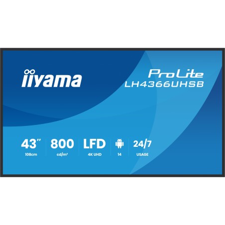 iiyama LH4366UHSB-B1AG Écran d'affichage dynamique Écran plat de signalisation numérique 109,2 cm (43") LCD Wifi 800 cd m² 4K
