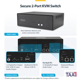 StarTech.com Switch KVM Seguro de 2 Puertos - DisplayPort - 4K60Hz - KVM de Sobremesa NIAP 4.0 - Puerto CAC - Carcasa de Metal