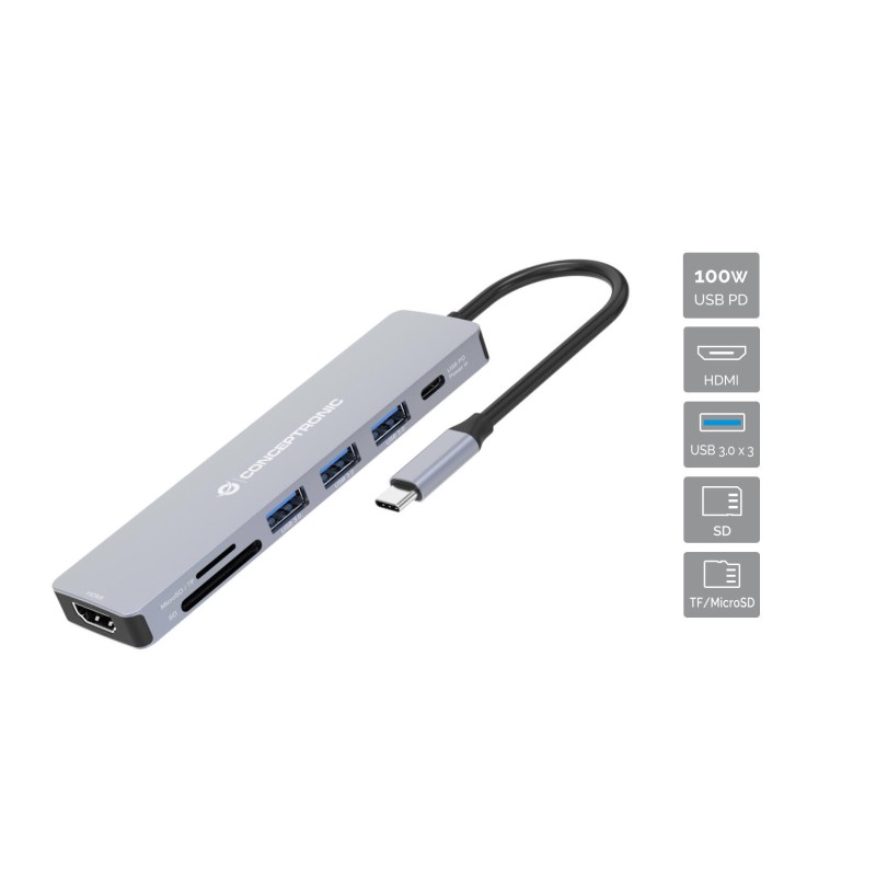 Conceptronic DONN19G 7-in-1 USB 3.2 Gen 1 Dockingstation, HDMI, USB-A 3.0 x 3, SD, TF MicroSD, 100W USB PD