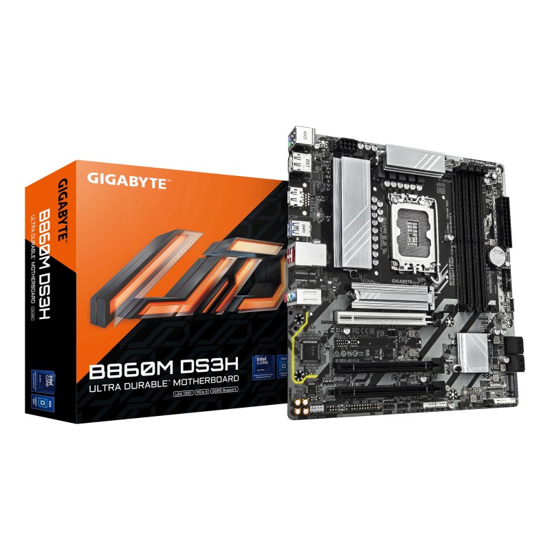 GIGABYTE B860M DS3H Mainboard - Intel Core Ultra CPUs, 5+1+2+1 Phasen VRM, bis zu 9066MHz DDR5, 1xPCIe 5.0 + 1xPCIe 4.0 M.2,