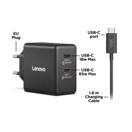 Lenovo Dual USB-C 65W GaN Charger Universal Black AC Indoor